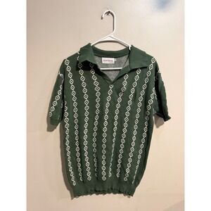OXKNITSTORE Mens Green White Geometric Diamond Knit Short Sleeve Polo Shirt M